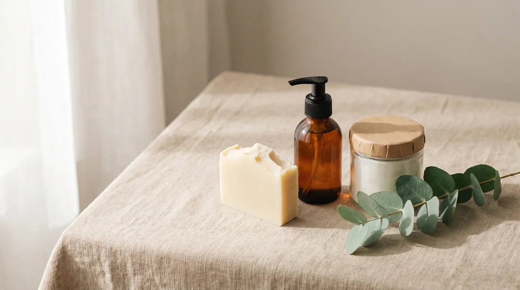 Clean personal care products arranged on warm linen